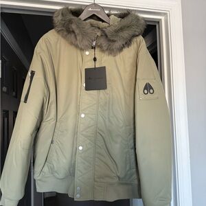 Moose Knuckles Khaki Puffer Jacket with Fur Trim